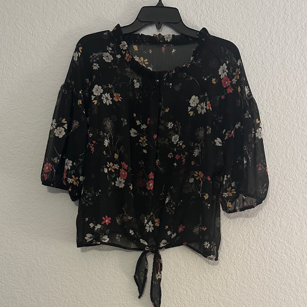 Black Floral Tie-Hem Womens Blouse
